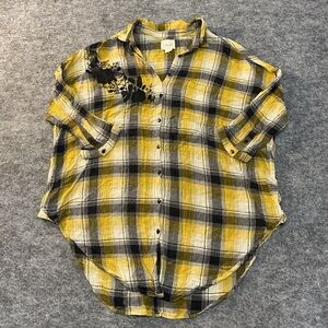 Maeve Yellow Black Plaid Lightweight Short Sleeve Button down Shirt WWW